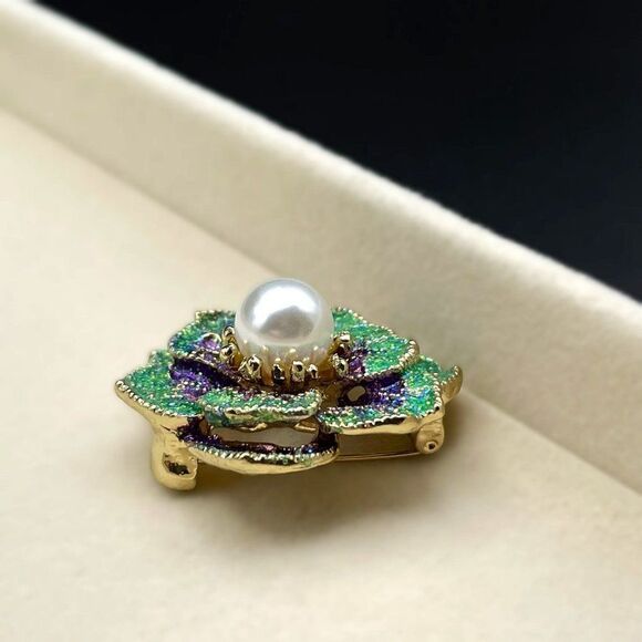 Yellow Gold Glittery Pearl with Purple and Green Enamel Flower Pin Back Brooch - Picture 6 of 7